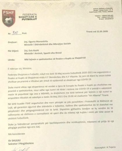 Ulen rastet me Covid/ FSHF i kërkon Ministrisë së Shëndetësisë të lejojë tifozët në stadium për finalen e Kupës së Shqipërisë 1 1 51