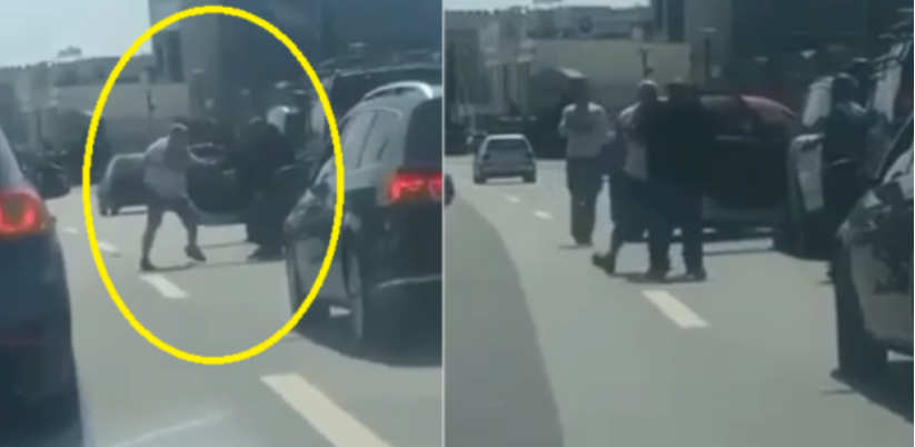 Plas grushti në mes të rrugës, burrat frenojnë makinat dhe…(VIDEO) sherr
