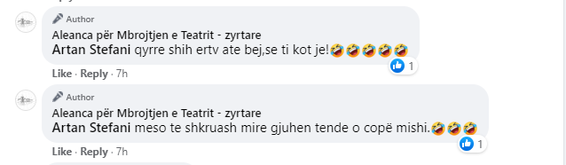 Aleanca për Mbrojtjen e Teatrit replika ofenduese ndaj qytetarëve në facebook: Zhulsa, idiota komunistë që vini era dhi 8 lrll