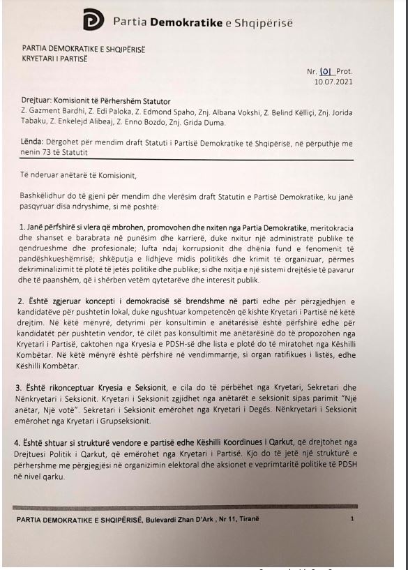 Reformimi i Partisë Demokratike, Basha propozon 11 ndryshime në statut 1 propozim