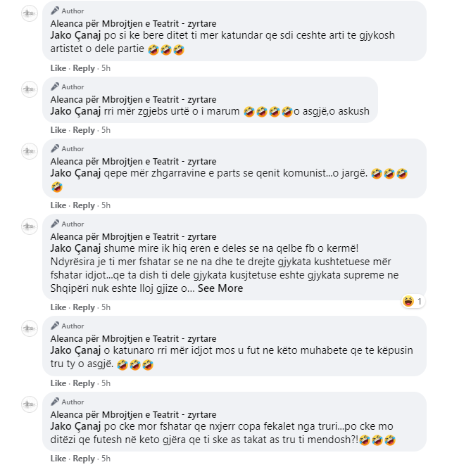 Aleanca për Mbrojtjen e Teatrit replika ofenduese ndaj qytetarëve në facebook: Zhulsa, idiota komunistë që vini era dhi 14 uwuwu
