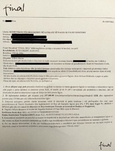 DENONCIMI / Këto shoqëri financiare: IUTE CREDIT, FINAL, NOA dhe MICRO Credit shantazhojnë qytetarët për mbledhjen e borxheve 3 ftghrthe54ghdfgh