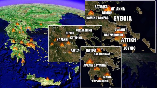 Zjarret në Greqi: Qindra familje të pastreha, mbi 60 ha tokë e djegur harte