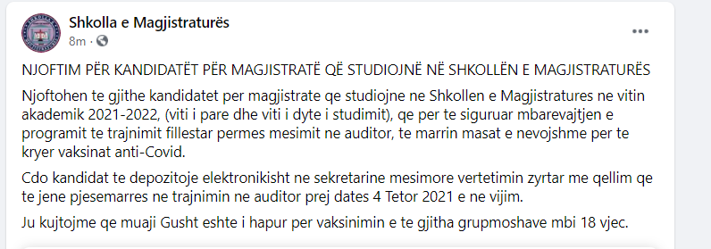 Fillon detyrimi për t'u vaksinuar, Shkolla e Magjistraturës nis e para: Depozitoni vërtetimin zyrtar që të merrni pjesë në auditor 1 shkolla e magjistratures
