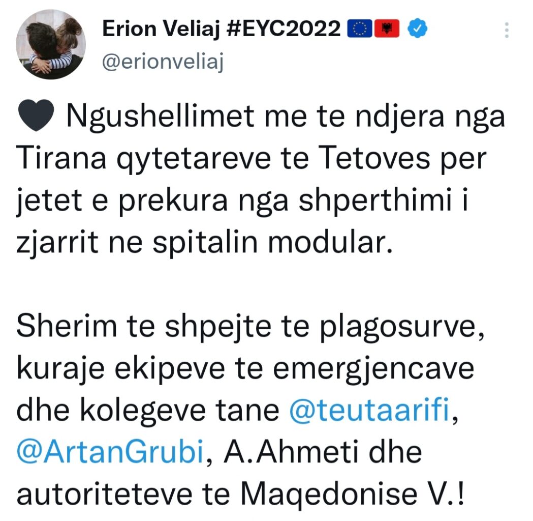 Tragjedia në spitalin e Tetovës, Veliaj: Ngushëllimet më të ndjera nga Tirana, shërim të shpejtë të plagosurve 1 Screenshot 20210909 002658 Twitter
