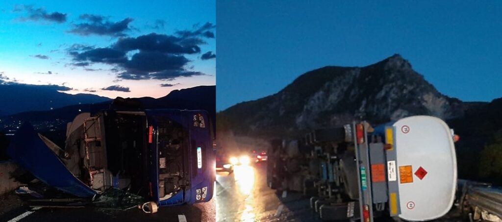 Përmbyset autoboti në Qafë Thanë, nafta derdhet në rrugë aksident 3