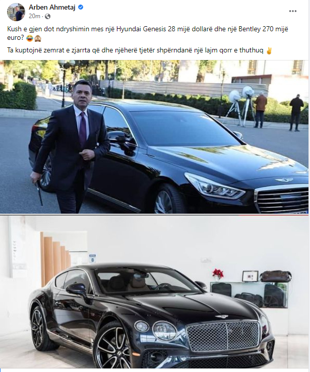 Thanë se ka blerë “Bentley” 270 mijë euro, Ahmetaj shkrihet së qeshuri: Është “Hyundai” 28 mijë dollarëshe, ta kuptojnë zemrat e zjarrta që… 1 beni