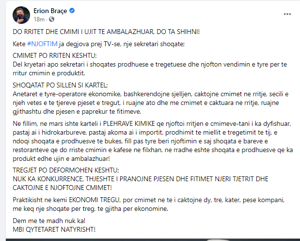 Erion Braçe paralajmëron rritjen e çmimit të ujit të ambalazhuar: Do ta shihni! Po sillen si një kartel 1 brace