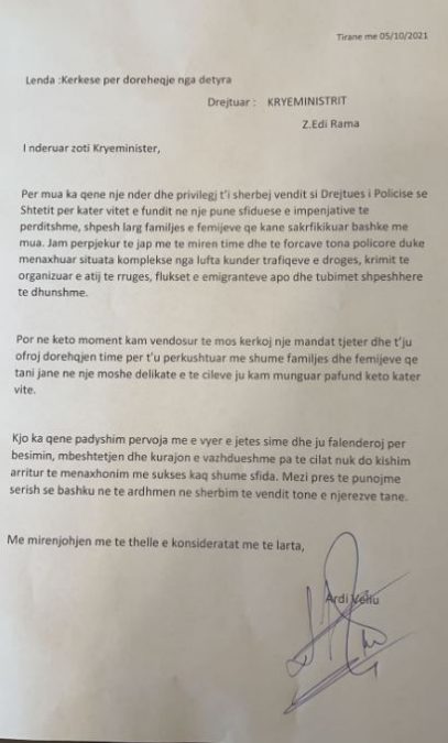 Dorëheqja e Ardi Veliut/ Rama publikon dokumentin: Dua t’i përkushtohem më shumë familjes 1 letra 407x675 1