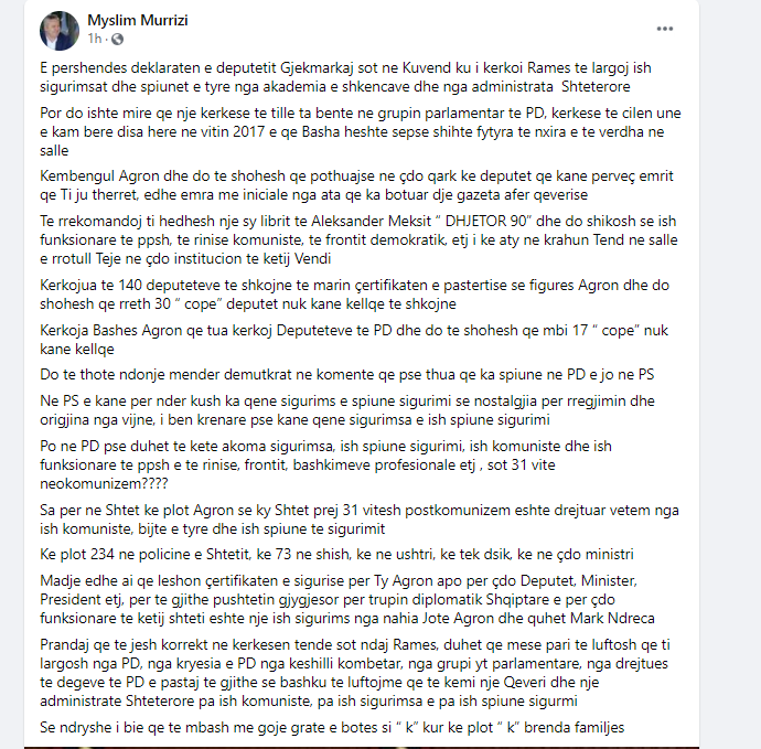 “Të mbash në gojë gratë e botës si k*rva”, Murrizi shpërthen ndaj Gjekmarkajt: Spiunët e ish-sigurimsat largoi së pari nga PD 1 muriizi