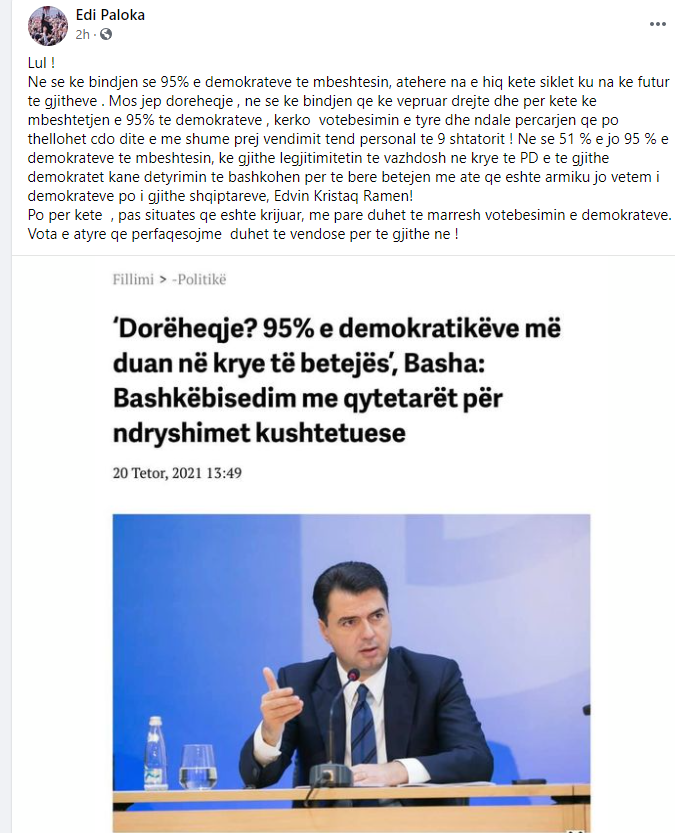 Edi Paloka i reagon Bashës: Lul, nëse ke 95% të demokratëve me vete, kërko votëbesim 1 paloka