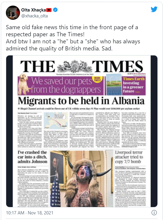 Xhaçka përgënjeshtron artikullin e ‘The Times’ për kamp azilantësh: E trishtuar, gjithmonë e kam admiruar cilësinë e mediave britanike 1 01asd