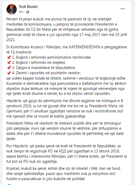 Deklaratat e Bashës/ “Hipokriti iu lut në gjunjë Metës”, Presidenca: Kryetari kukull u përpoq të provokonte Presidentin 1 Tedi Blushi fb