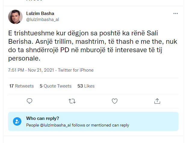 Basha bllokon komentet në Twitter, të drejtën e fjalës e kanë vetëm 377 të zgjedhur 1 basha twitteri 1