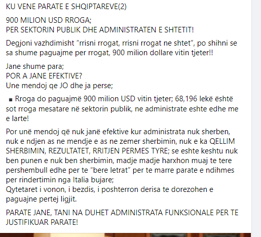 Ku shkojnë paratë e shqiptarëve? Braçe plas deklaratën e fortë, shpreh hapur kritikat: 900 mln dollarë paga për administratën, e pajustifikueshme! 1 brace