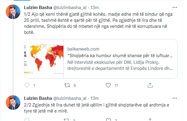 Raporti i TI për korrupsionin/ Basha: Pa zgjedhje të lira Shqipëria do të mbetet nga vendet më të korruptuara 1 Basha tw