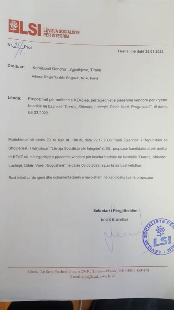 Zgjedhjet lokale/ Pas PS, edhe LSI dorëzon në KQZ propozimet për anëtarët e KZAZ-ve 1 WhatsApp Image 2022 01 25 at 16.12.52 640x1138 1