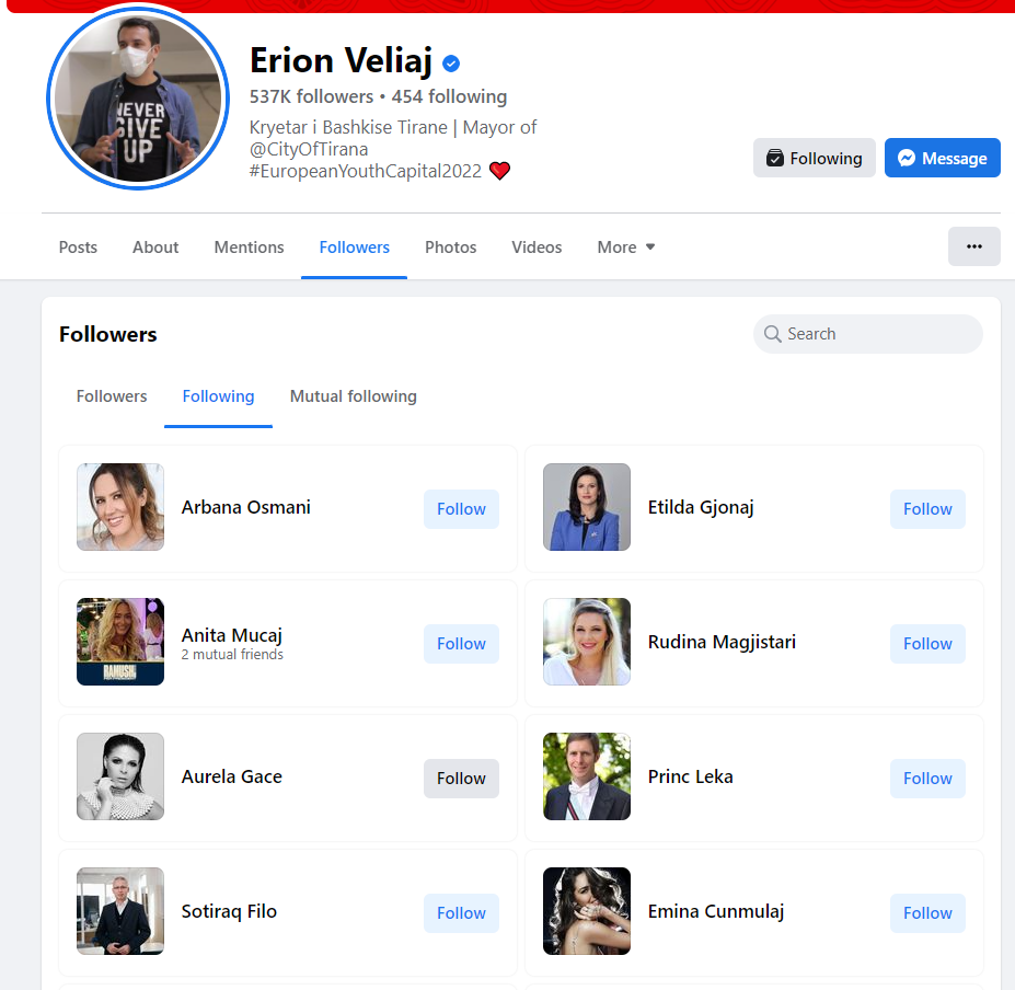 Fakte surprizuese mbi transparencën në Facebook të politikanëve shqiptarë, kur i kanë krijuar faqet, si kanë ndryshuar emrat dhe... 17 Erion Veliaj