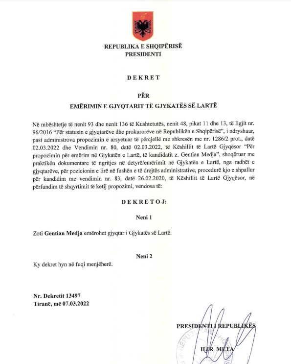 Meta dekreton Gentian Medjan gjyqtar të Gjykatës së Lartë 2 dekret