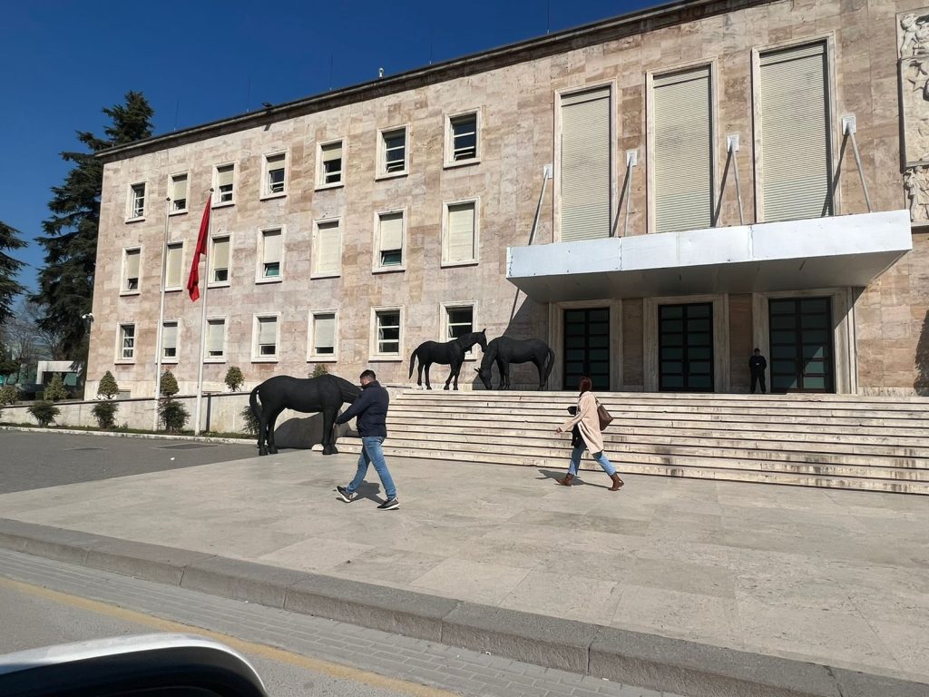 3 kuaj të zinj në derën e Kryeministrisë kuaj kryeministria