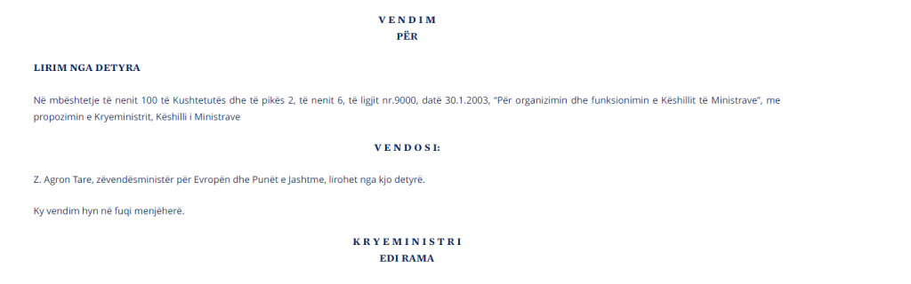 Zëvendës ministri i Jashtëm lirohet nga detyra me vendim të qeverisë 1 vkm