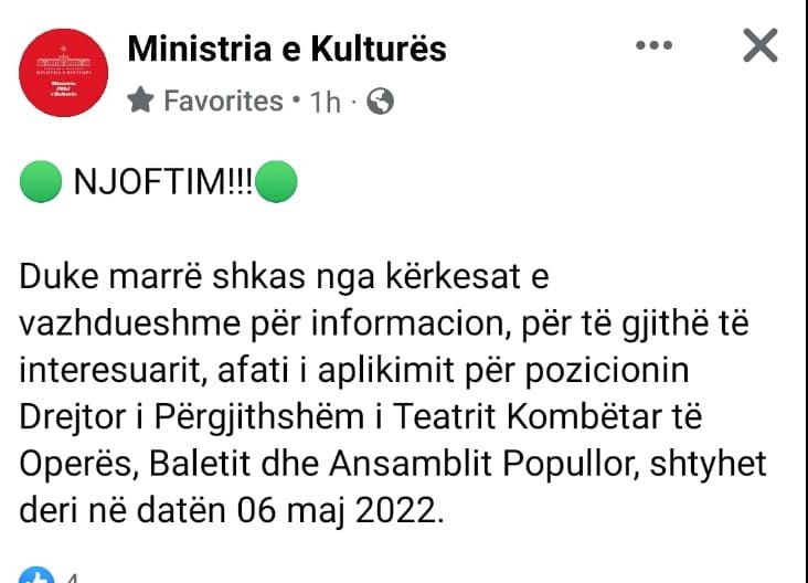 Konkursi për drejtorin e Teatrit të Operas/ Pas kërkesës publike të Zana Çelës, ministria shtyn afatin 1 WhatsApp Image 2022 04 19 at 8.40.48 PM e1650393984960