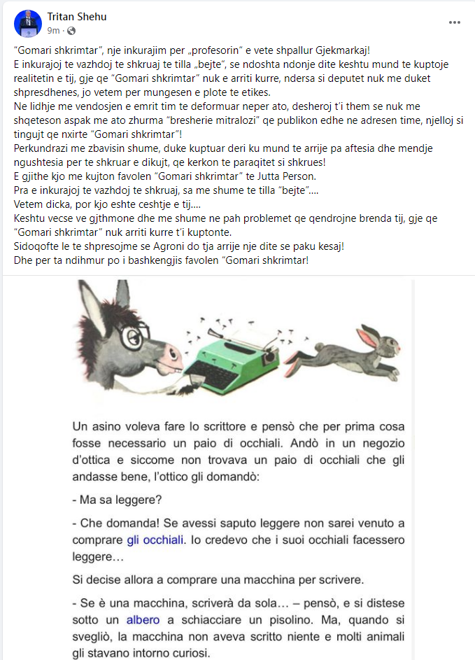 Tritan Shehu i përgjigjet Gjekmarkajt: Ti që më deformon emrin në bejtet e tua… 1 Tritan Shehu fb 2