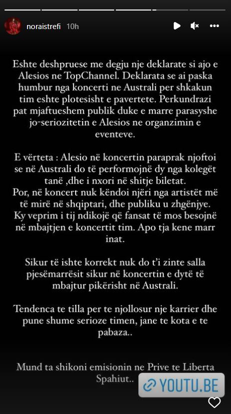 Tha se humbi para nga koncerti i saj, Nora Istrefi i përgjigjet menaxherit të VIP-ave 1 nora