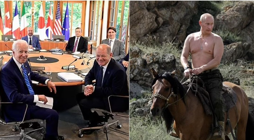 VIDEO/ Liderët e G7 “tallen” me foton e Putinit gjysmë lakuriq mbi kalë putin kal