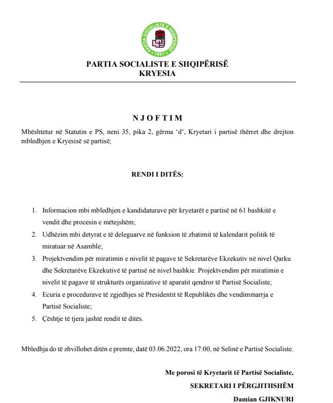 Zgjedhja e Presidentit të ri, PS mbledh sot Kryesinë e partisë (Axhenda) 2 renbdi