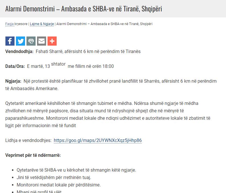 Protesta e thirrur sot nga Meta, Ambasada amerikane mesazh sigurie qytetarëve të saj 1 ambasada amerikane