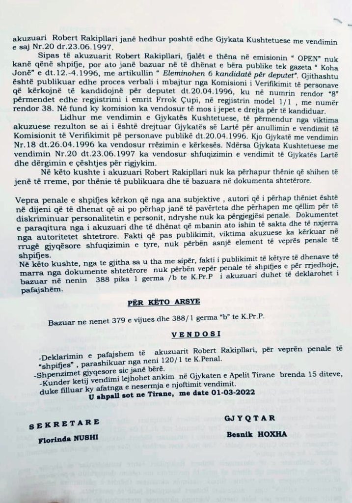 “Spiun i Sigurimit”, Rakipllari fiton gjyqin me Frrok Çupin/ Gjykata: Të dhënat janë marrë nga dokumente shtetërore 2 vendimi i gjykates 1 1