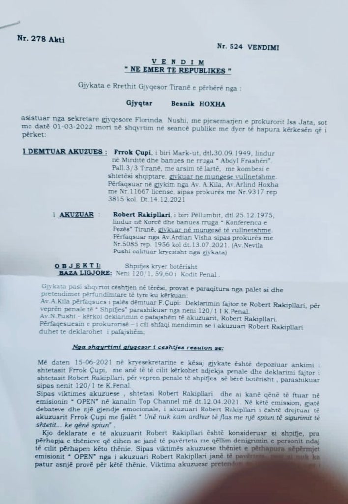 “Spiun i Sigurimit”, Rakipllari fiton gjyqin me Frrok Çupin/ Gjykata: Të dhënat janë marrë nga dokumente shtetërore 1 vendimi i gjykates 2