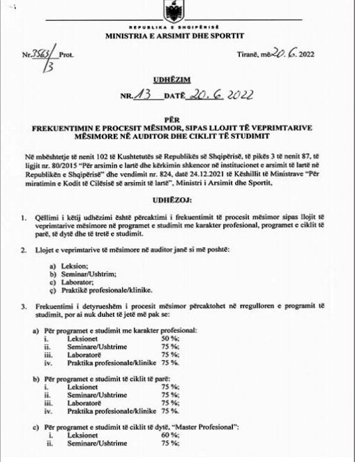 VENDIMI/ Edhe leksionet bëhen me detyrim nga ky vit! Zbardhet udhëzimi për frekuentimin e mësimit 1 faksimile