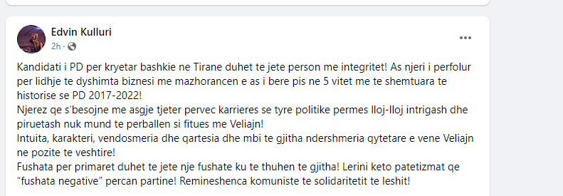Këlliçi përballë Veliajt? Shpërthen Edvin Kulluri: Kandidati i PD nuk duhet të jetë i përfolur dhe i bërë pis… 1 kulluri