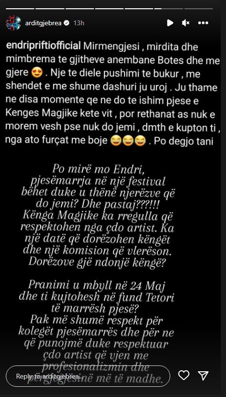 Ardit Gjebrea i kthen përgjigje Endri Priftit, apel edhe artistëve për Këngën Magjike: Kujdes me klikimet... 1 rama tupja