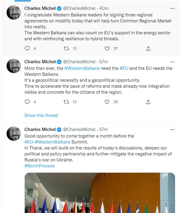 Samiti i procesit të Berlinit, Charles Michel: Përgëzoj nënshkrimin e marrëveshjeve 1 michel 1