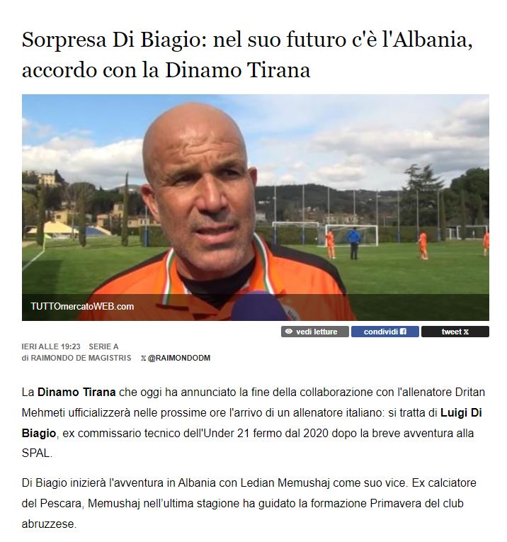 Shifra rekord, zbulohen detajet që sollën Di Biagio-n te Dinamo 2 tutomerkato web