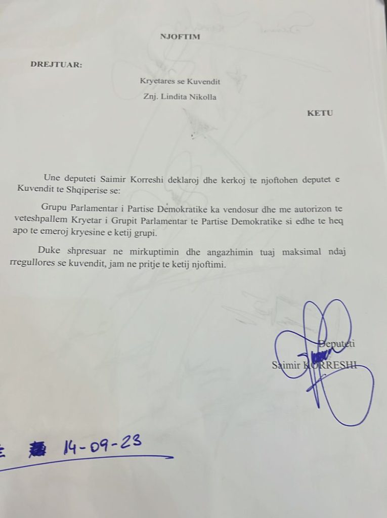 Deputeti Korreshi letër Nikollës: Jam kryetar i grupit parlamentar të PD, emëroj dhe shkarkoj 1 saimir koreshi