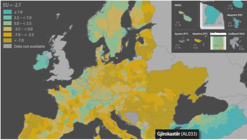 Gjirokastra dhe Korça mes rajoneve me rënien më të madhe të shtesës natyrore të popullsisë në Europë rajonet