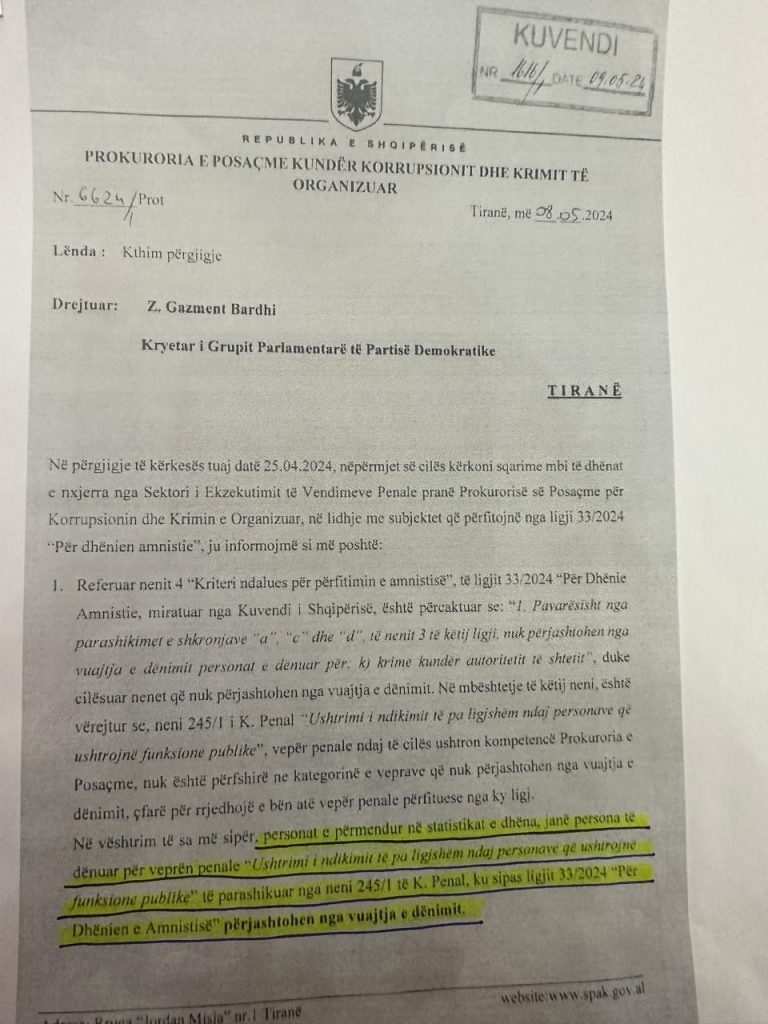 ''Asnjë zyrtar i lartë nuk është falur nga Amnistia Penale'', Bardhi i përgjigjet Bashës dhe tregon letrën nga SPAK 1 WhatsApp Image 2024 05 09 at 17.56.53