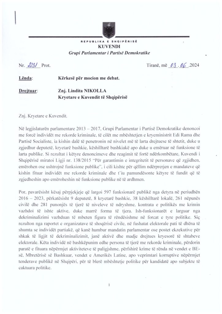 Lidhjet e politikës me krimin, zbardhet kërkesa e PD për mocion me debat në Kuvend: Po minohet demokracia 1 Kerkese per mocion me debat images 0 scaled 1