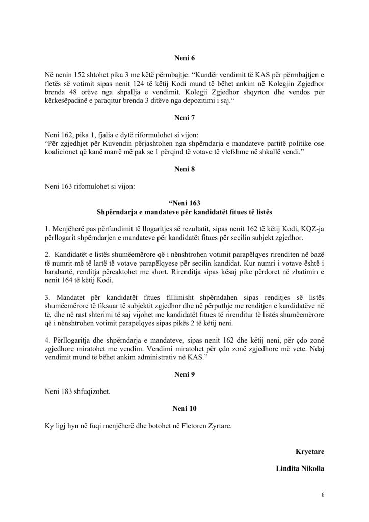Teksti perfundimtar Kodi Zgjedhor 6