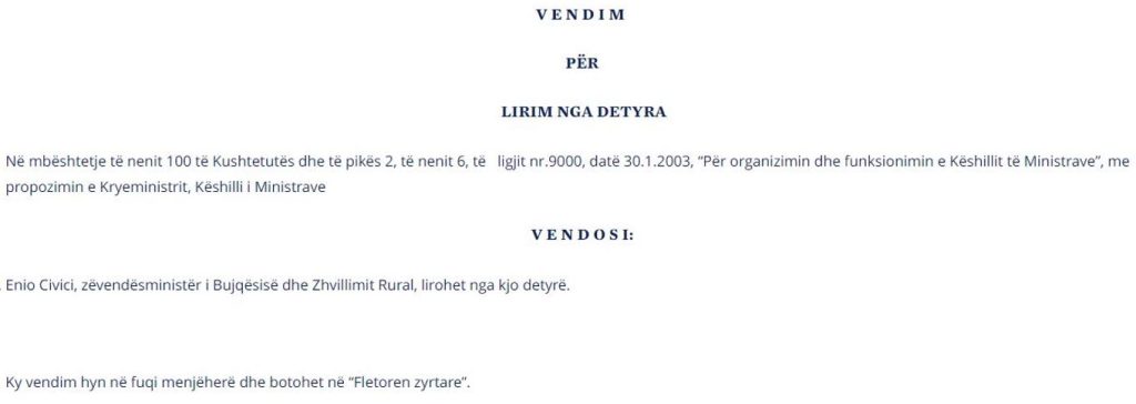 FOTO/ Enio Civici lirohet nga detyra zv.ministri i Bujqësisë 2 Capture 98