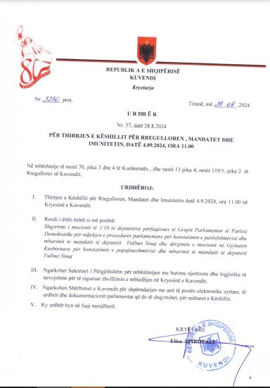 Këshilli për Rregulloren do të mblidhet javën e ardhshme për të diskutuar për mandatin e deputetit socialist, Vullnet Sina 1 keshillli