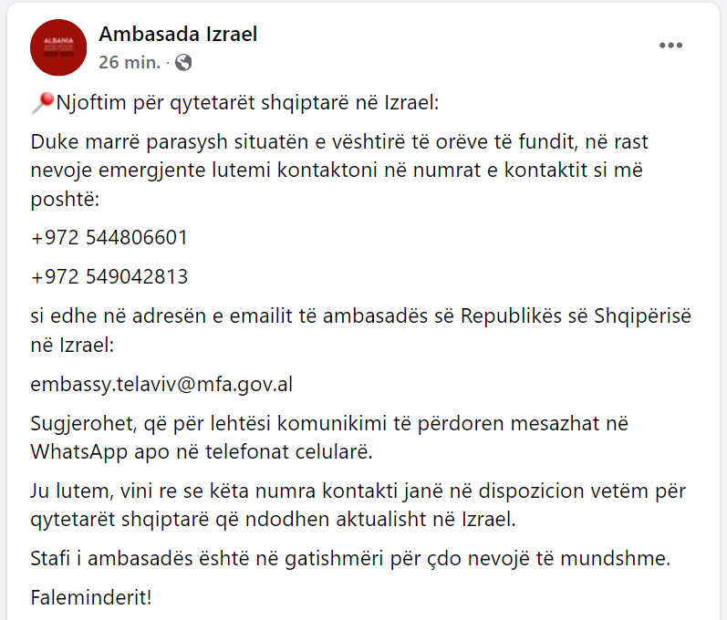 Ambasada në Izrael njoftim për qytetarët shqiptarë: Jemi në gatishmëri për çdo nevojë të mundshme 1 1