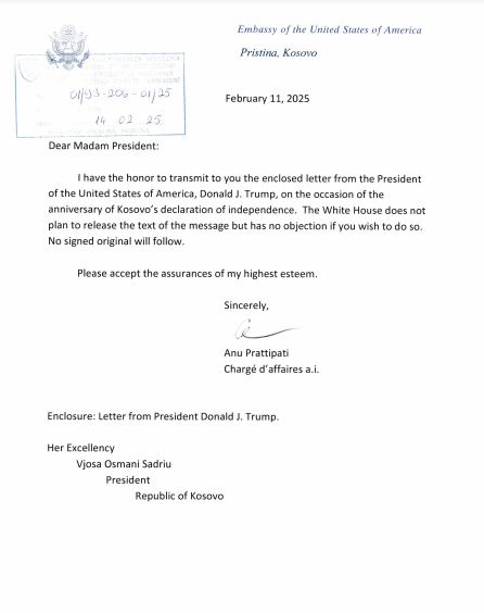 Donald Trump leter Vjosa Osmanit