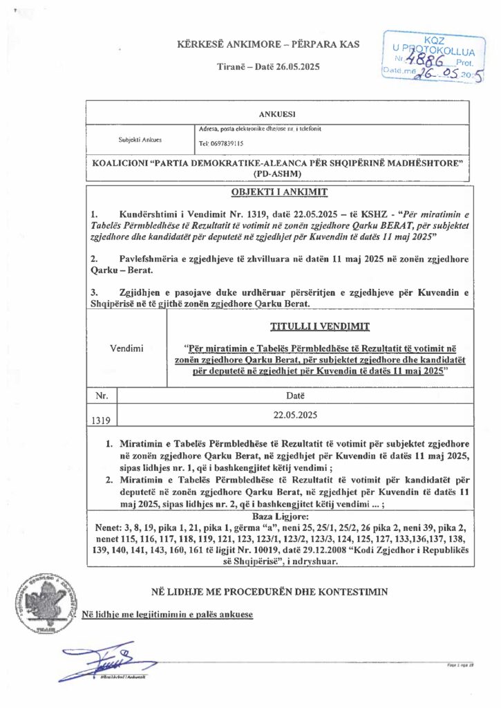 2025 4886 PD Kerkese Ankimore Kundershtim i Vendimit 1319 te KSHZ per Rezultatin QARKU BERAT page 0001