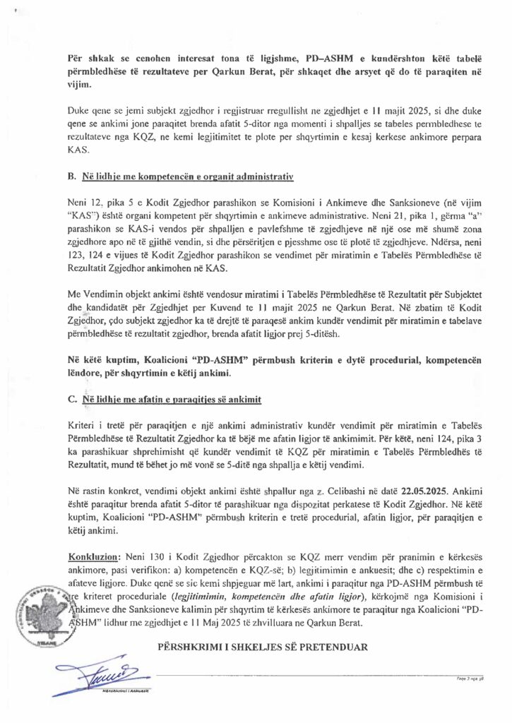 2025 4886 PD Kerkese Ankimore Kundershtim i Vendimit 1319 te KSHZ per Rezultatin QARKU BERAT page 0003