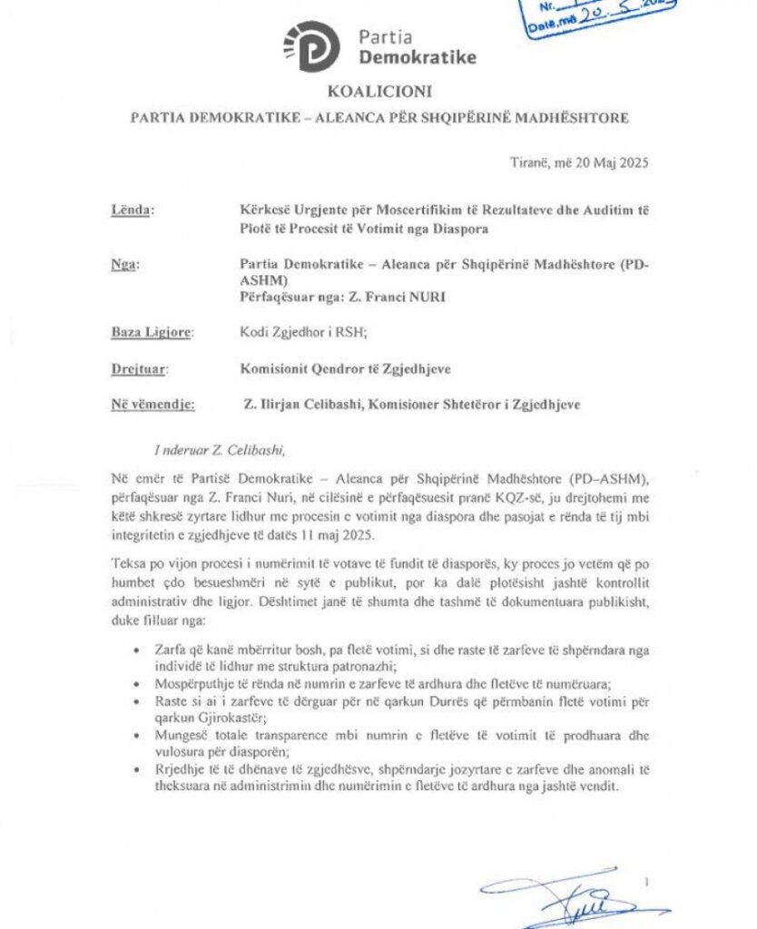 Zgjedhjet e 11 Majit, PD çon kërkesë në KQZ: Të bëhet auditim i thelluar i gjithë procesit të votimit nga Diaspora 1 auto Screenshot 21747758707